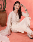 Cotton Kurta Set with Mesh-Lace Sleeves & Organza Dupatta