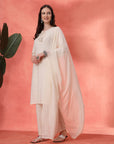 Cotton Kurta Set with Mesh-Lace Sleeves & Organza Dupatta
