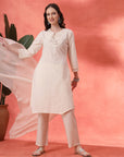 Cotton Kurta Set with Mesh-Lace Sleeves & Organza Dupatta