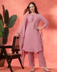 Solid Straight Cotton Kurta Set with Embroidery & Organza Dupatta
