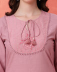 Solid Straight Cotton Kurta Set with Embroidery & Organza Dupatta