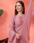 Solid Straight Cotton Kurta Set with Embroidery & Organza Dupatta