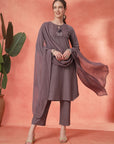 Cotton Kurta Set with Mesh-Lace Sleeves & Organza Dupatta