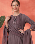 Cotton Kurta Set with Mesh-Lace Sleeves & Organza Dupatta
