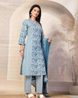 Paisley Printed A-Line Cotton Kurta Set with Sequin Detail & Printed Dupatta