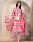 Sequin-Embellished Cambric Kurta Set with Striped Palazzo & Printed Dupatta
