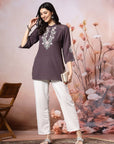 Thread Embroidered Crepe Tunic with Mandarin Collar & Slit Lace Sleeves