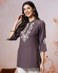 Thread Embroidered Crepe Tunic with Mandarin Collar & Slit Lace Sleeves