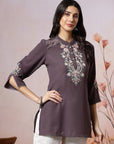 Thread Embroidered Crepe Tunic with Mandarin Collar & Slit Lace Sleeves