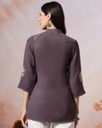 Thread Embroidered Crepe Tunic with Mandarin Collar & Slit Lace Sleeves