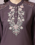 Thread Embroidered Crepe Tunic with Mandarin Collar & Slit Lace Sleeves
