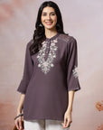 Thread Embroidered Crepe Tunic with Mandarin Collar & Slit Lace Sleeves