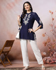 Thread Embroidered Crepe Tunic with Mandarin Collar & Slit Lace Sleeves