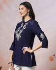 Thread Embroidered Crepe Tunic with Mandarin Collar & Slit Lace Sleeves