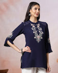 Thread Embroidered Crepe Tunic with Mandarin Collar & Slit Lace Sleeves