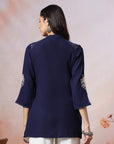 Thread Embroidered Crepe Tunic with Mandarin Collar & Slit Lace Sleeves