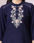 Thread Embroidered Crepe Tunic with Mandarin Collar & Slit Lace Sleeves