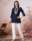 Thread Embroidered Crepe Tunic with Mandarin Collar & Slit Lace Sleeves