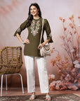 Thread Embroidered Crepe Tunic with Mandarin Collar & Slit Lace Sleeves