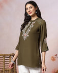 Thread Embroidered Crepe Tunic with Mandarin Collar & Slit Lace Sleeves