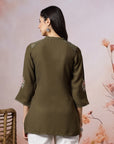 Thread Embroidered Crepe Tunic with Mandarin Collar & Slit Lace Sleeves