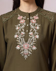 Thread Embroidered Crepe Tunic with Mandarin Collar & Slit Lace Sleeves
