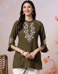 Thread Embroidered Crepe Tunic with Mandarin Collar & Slit Lace Sleeves