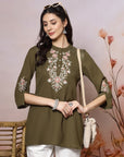 Thread Embroidered Crepe Tunic with Mandarin Collar & Slit Lace Sleeves