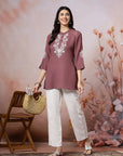 Thread Embroidered Crepe Tunic with Mandarin Collar & Slit Lace Sleeves