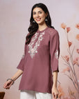 Thread Embroidered Crepe Tunic with Mandarin Collar & Slit Lace Sleeves