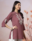 Thread Embroidered Crepe Tunic with Mandarin Collar & Slit Lace Sleeves