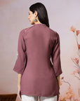 Thread Embroidered Crepe Tunic with Mandarin Collar & Slit Lace Sleeves