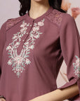 Thread Embroidered Crepe Tunic with Mandarin Collar & Slit Lace Sleeves