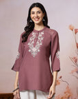 Thread Embroidered Crepe Tunic with Mandarin Collar & Slit Lace Sleeves
