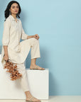 Lakhnavi Embroidered Cotton Kurta Set with Shirt Collar & Lace Hem Palazzo