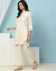 Lakhnavi Embroidered Cotton Kurta Set with Shirt Collar & Lace Hem Palazzo