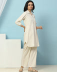 Lakhnavi Embroidered Cotton Kurta Set with Shirt Collar & Lace Hem Palazzo