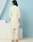 Lakhnavi Embroidered Cotton Kurta Set with Shirt Collar & Lace Hem Palazzo