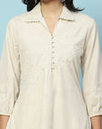 Lakhnavi Embroidered Cotton Kurta Set with Shirt Collar & Lace Hem Palazzo