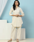 Lakhnavi Embroidered Cotton Kurta Set with Shirt Collar & Lace Hem Palazzo