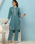 Solid Straight Viscose Rayon Kurta Set with Lakhnavi Embroidery & Bishop Sleeves