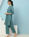 Solid Straight Viscose Rayon Kurta Set with Lakhnavi Embroidery & Bishop Sleeves