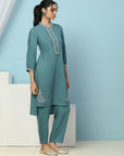 Solid Straight Viscose Rayon Kurta Set with Lakhnavi Embroidery & Bishop Sleeves