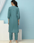 Solid Straight Viscose Rayon Kurta Set with Lakhnavi Embroidery & Bishop Sleeves