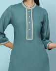 Solid Straight Viscose Rayon Kurta Set with Lakhnavi Embroidery & Bishop Sleeves