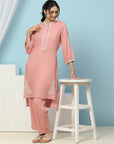 Solid Straight Viscose Rayon Kurta Set with Lakhnavi Embroidery & Bishop Sleeves