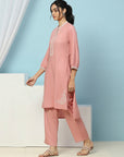 Solid Straight Viscose Rayon Kurta Set with Lakhnavi Embroidery & Bishop Sleeves