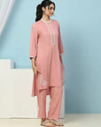 Solid Straight Viscose Rayon Kurta Set with Lakhnavi Embroidery & Bishop Sleeves