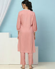 Solid Straight Viscose Rayon Kurta Set with Lakhnavi Embroidery & Bishop Sleeves