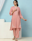 Solid Straight Viscose Rayon Kurta Set with Lakhnavi Embroidery & Bishop Sleeves